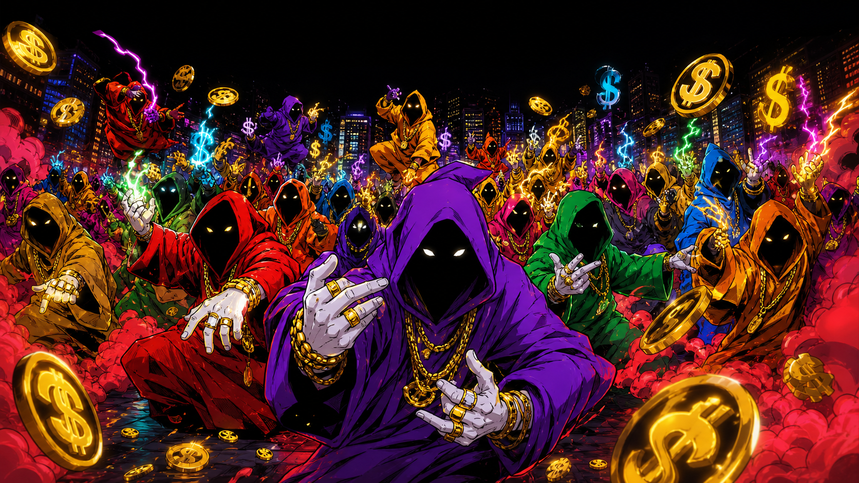 A huge neon street raid of hooded shadow wizards