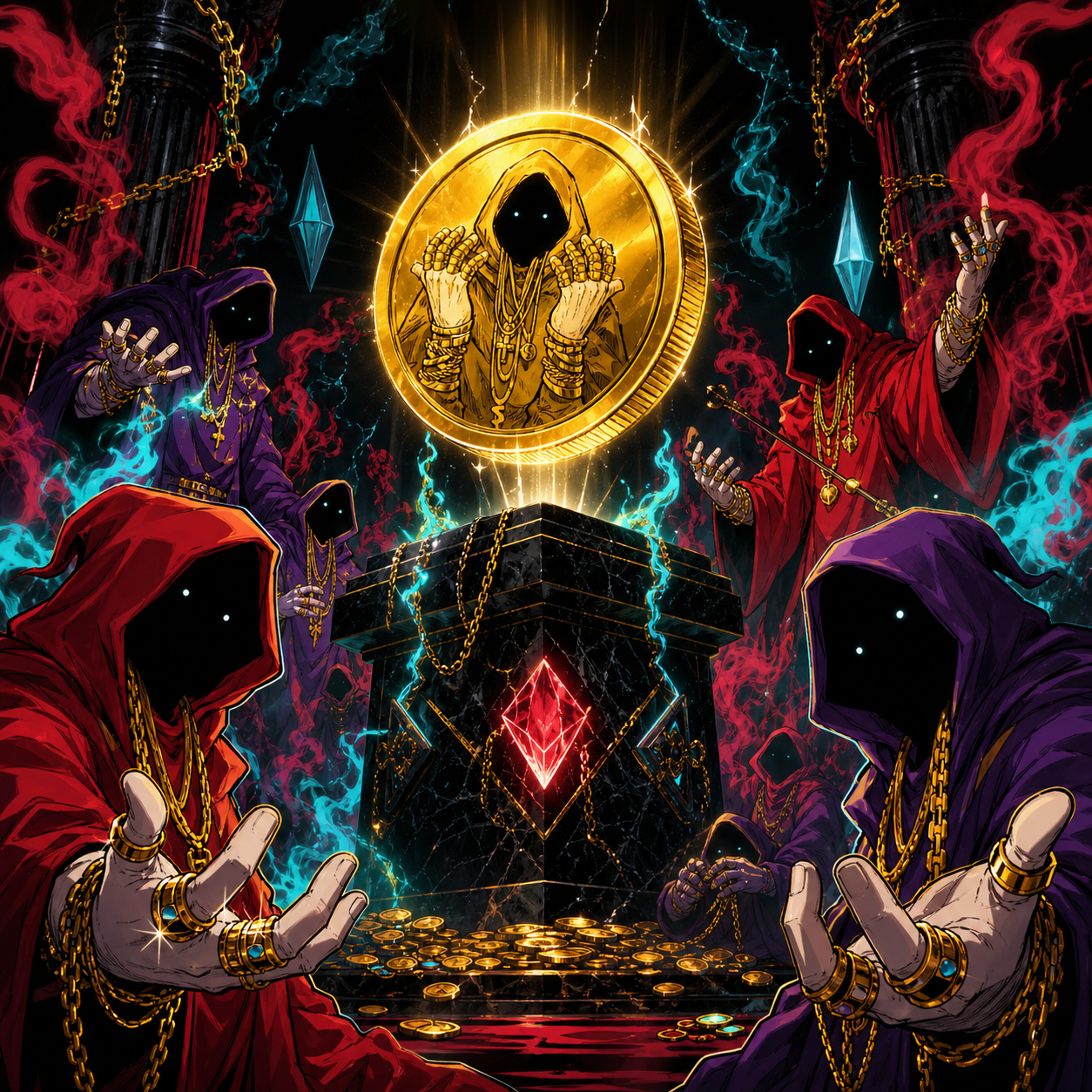 Glowing coin altar surrounded by shadow wizards